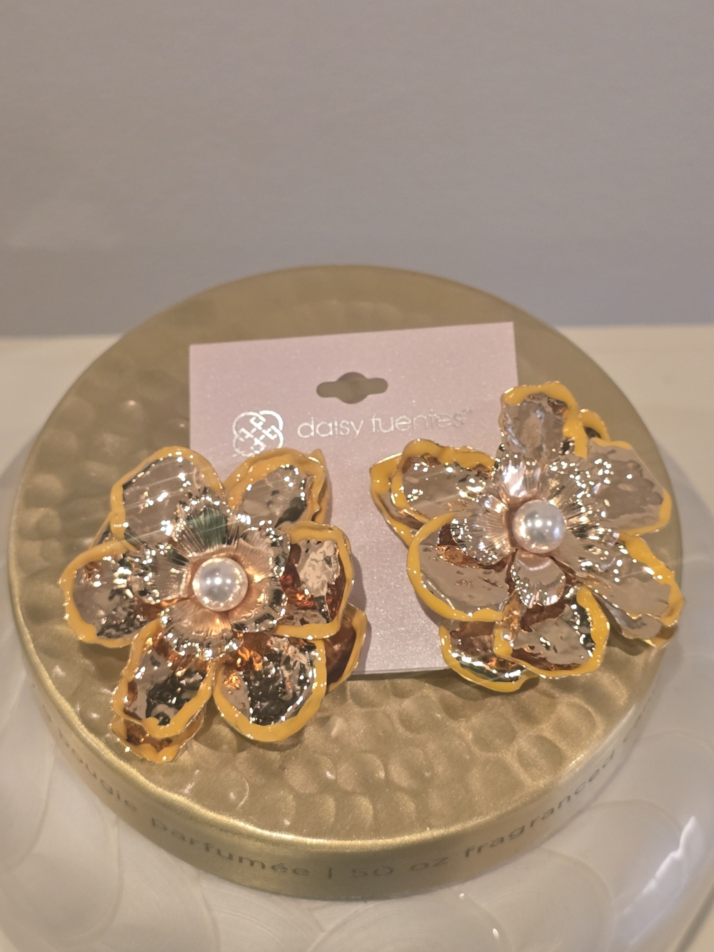 Daisy Fuentes Gold Flower Pearl Statement Earrings - Yellow Trim